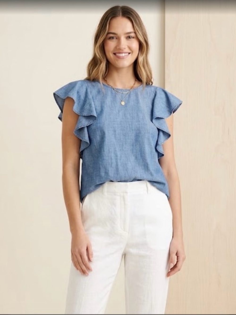 Women J. Crew Chambray Ruffle Sleeve Blouse - Light Blue